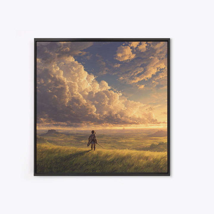 Lone Traveler Under Golden Clouds Wall Art, Fantasy Landscape Painting, Adventure Canvas Print For Bedroom And Living Room Decor