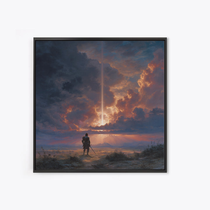 Lone Warrior Under Divine Sky Canvas Print, Fantasy Landscape Art, Dramatic Cloudscape Wall Decor, Medieval Adventure Gift For Him