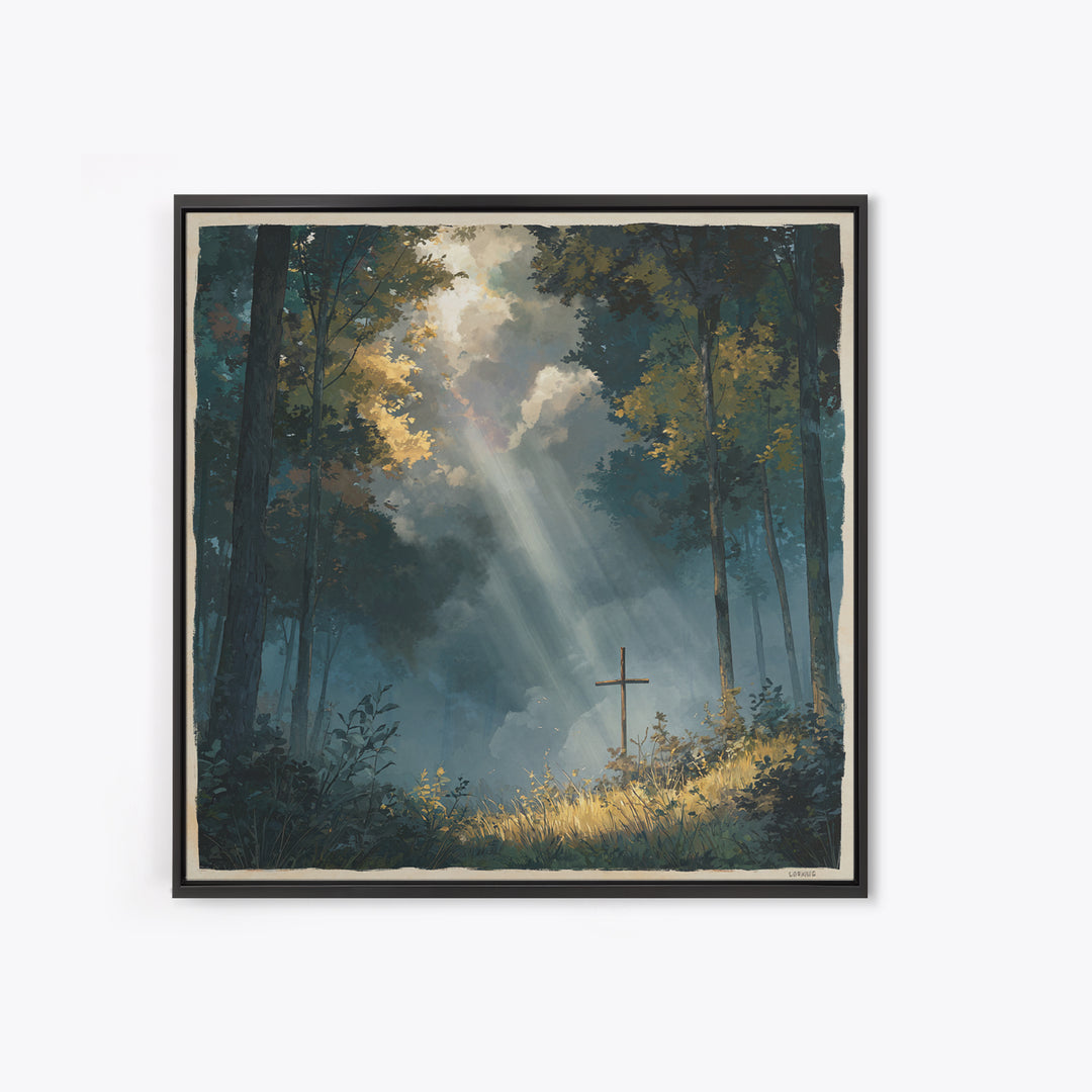 Sunbeams Over Forest Cross Wall Art, Peaceful Christian Canvas Print, Spiritual Nature Decor, Prayer Room Artwork, Faith Gift