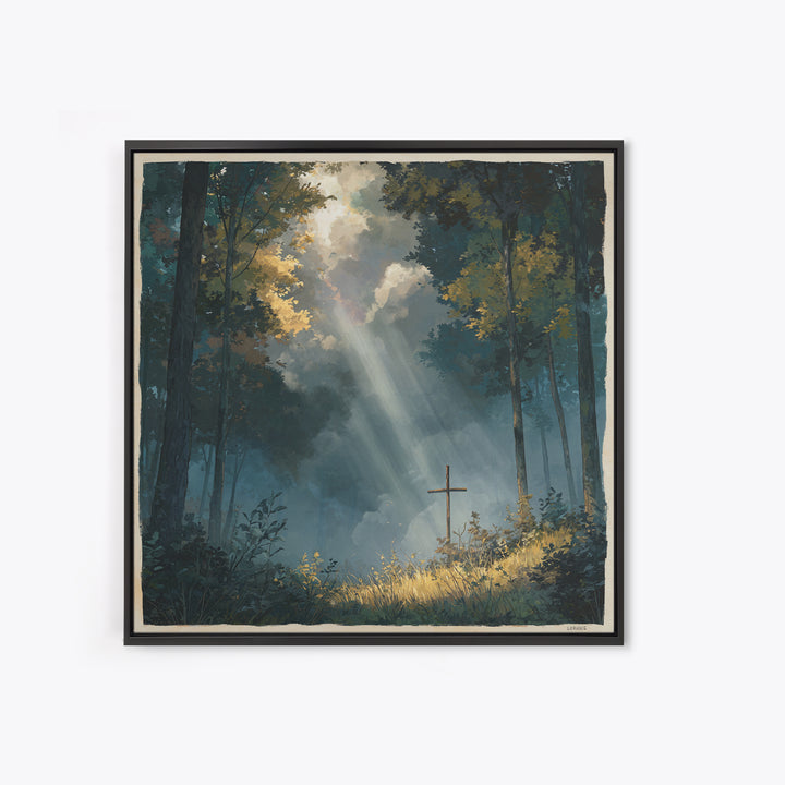 Sunbeams Over Forest Cross Wall Art, Peaceful Christian Canvas Print, Spiritual Nature Decor, Prayer Room Artwork, Faith Gift