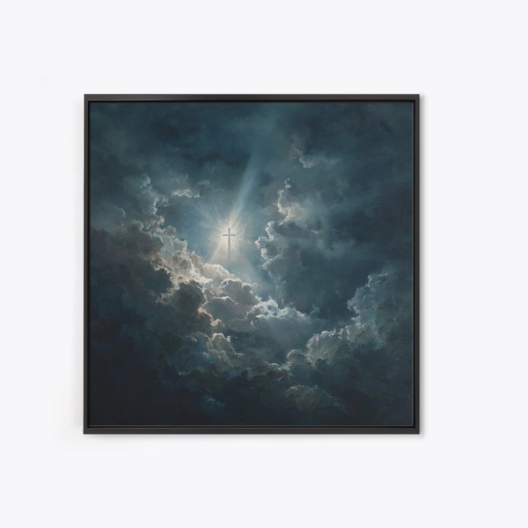 Radiant Cross In Storm Clouds Wall Art, Christian Inspirational Canvas Print, Spiritual Home Decor, Prayer Room Gift For Her