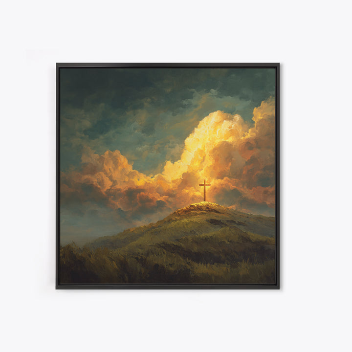 Glowing Cross On Hilltop Wall Art, Christian Landscape Canvas Print, Inspirational Clouds, Religious Home Decor Gift For Her