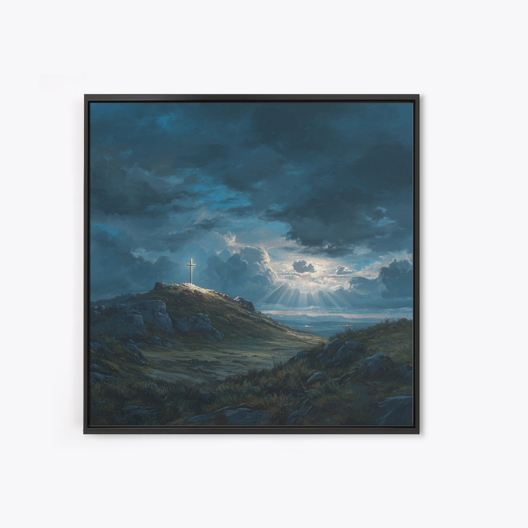 Glowing Cross On Stormy Hill Wall Art, Dramatic Christian Landscape Painting For Prayer Room Decor And Spiritual Gift Idea