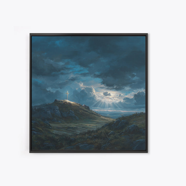 Glowing Cross On Stormy Hill Wall Art, Dramatic Christian Landscape Painting For Prayer Room Decor And Spiritual Gift Idea