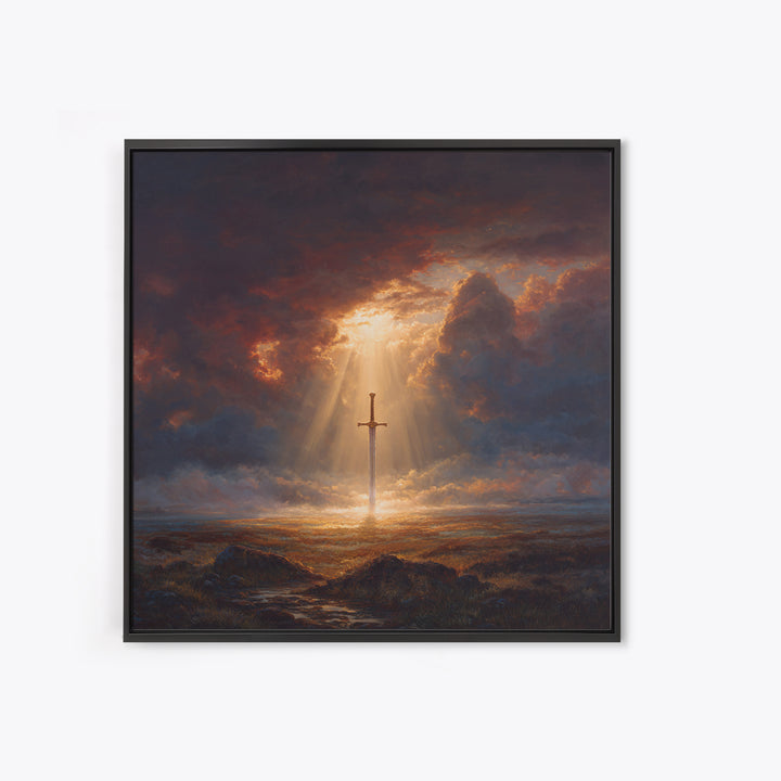 Sword Of Light In Stormy Field Framed Canvas Print, Christian Symbol Painting, Dramatic Landscape Wall Decor, Faith Gift