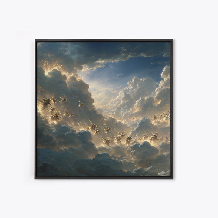 Angelic Riders In Storm Clouds Wall Art, Celestial Christian Canvas Print, Fantasy Sky Battle, Spiritual Living Room Decor