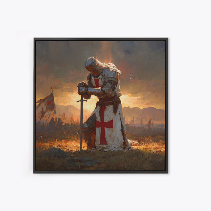 Kneeling Templar Knight In Battle Canvas Print, Medieval Christian Wall Art, Crusader Artwork Gift For Him, Man Cave Decor