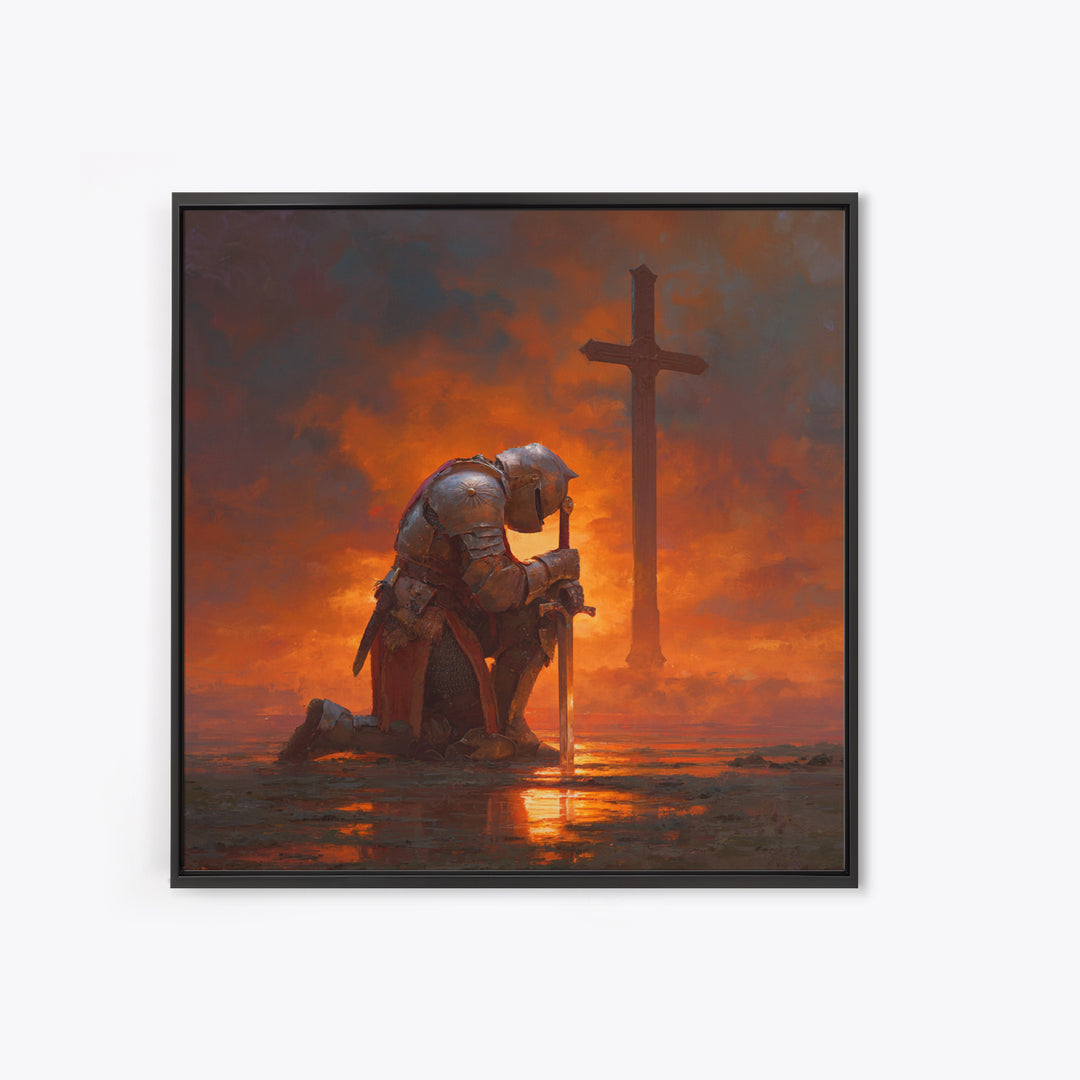 Kneeling Crusader Before Cross At Fiery Sunset Wall Art, Christian Canvas Print, Medieval Decor, Inspirational Gift For Him