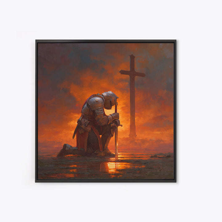 Kneeling Crusader Before Cross At Fiery Sunset Wall Art, Christian Canvas Print, Medieval Decor, Inspirational Gift For Him