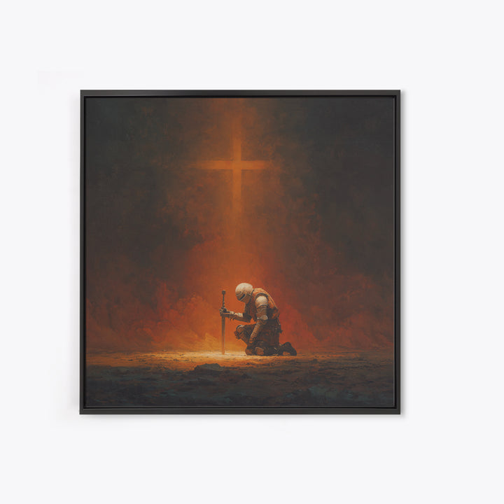 Kneeling Knight With Glowing Cross Framed Canvas Print, Christian Wall Art, Dark Fantasy Decor, Prayer Room Gift For Him Home Decor