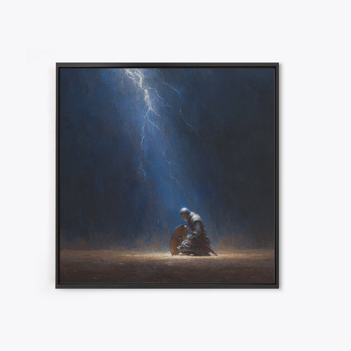 Kneeling Knight In Lightning Storm Wall Art, Dark Fantasy Medieval Canvas, Warrior Prayer Scene, Gothic Home Decor Unique Gift