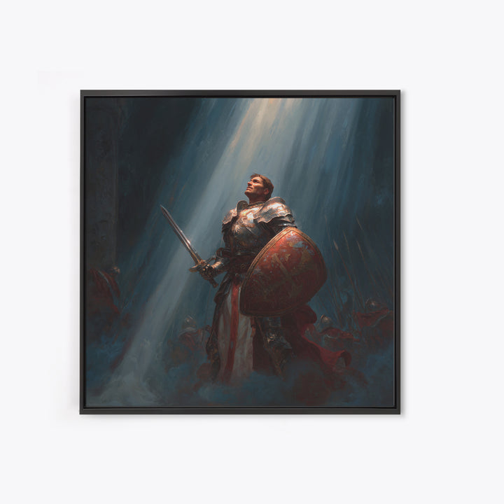 Heroic Knight With Sword And Shield In Divine Light Framed Canvas Print, Fantasy Wall Art, Medieval Wall Decor, Gift For Him