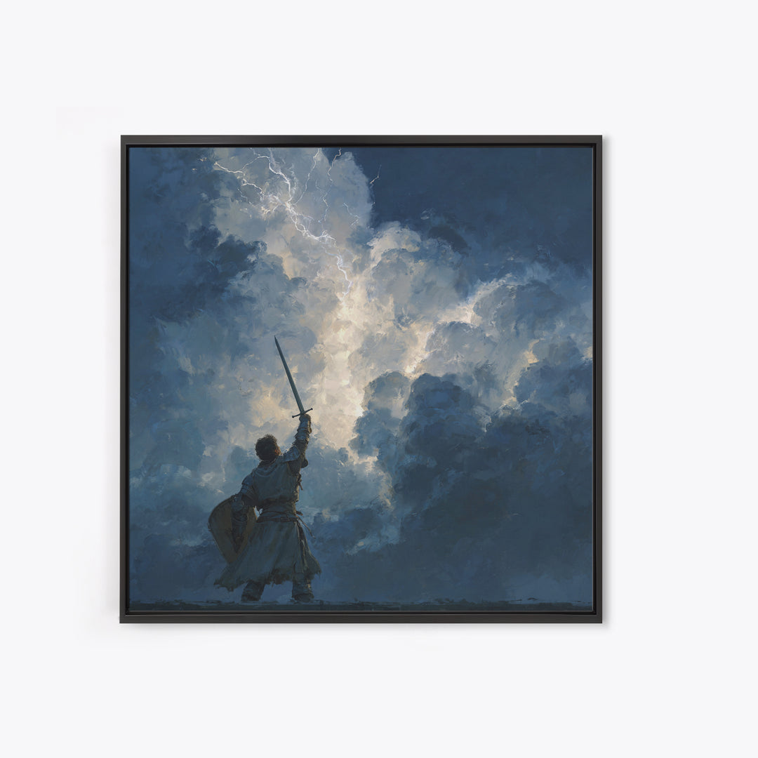 Warrior Raising Sword Into Lightning Canvas Print, Epic Fantasy Wall Art, Storm Clouds, Dark Heroic Medieval Home Decor Gift