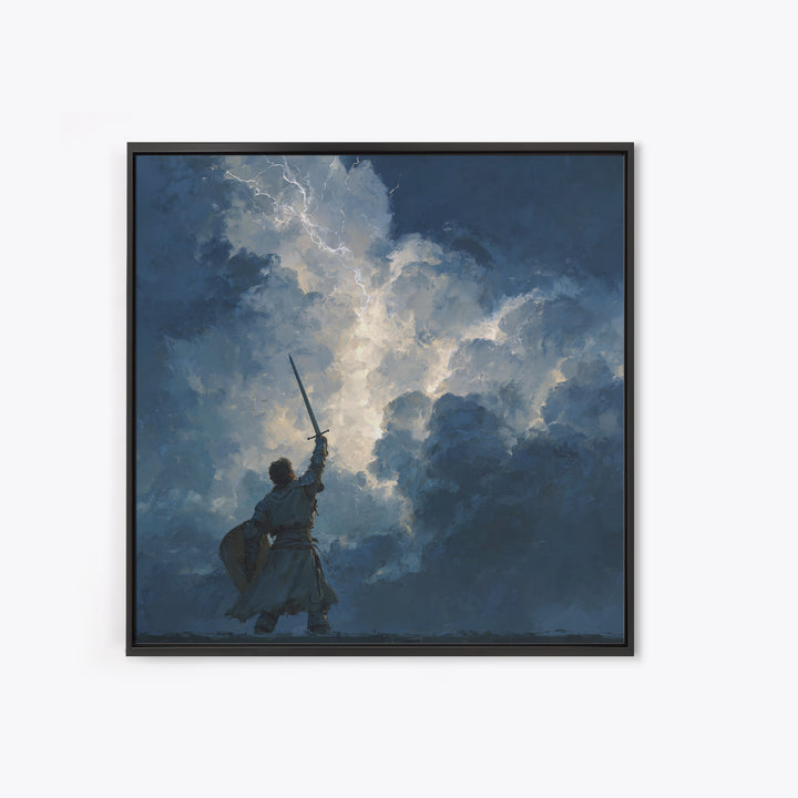 Warrior Raising Sword Into Lightning Canvas Print, Epic Fantasy Wall Art, Storm Clouds, Dark Heroic Medieval Home Decor Gift