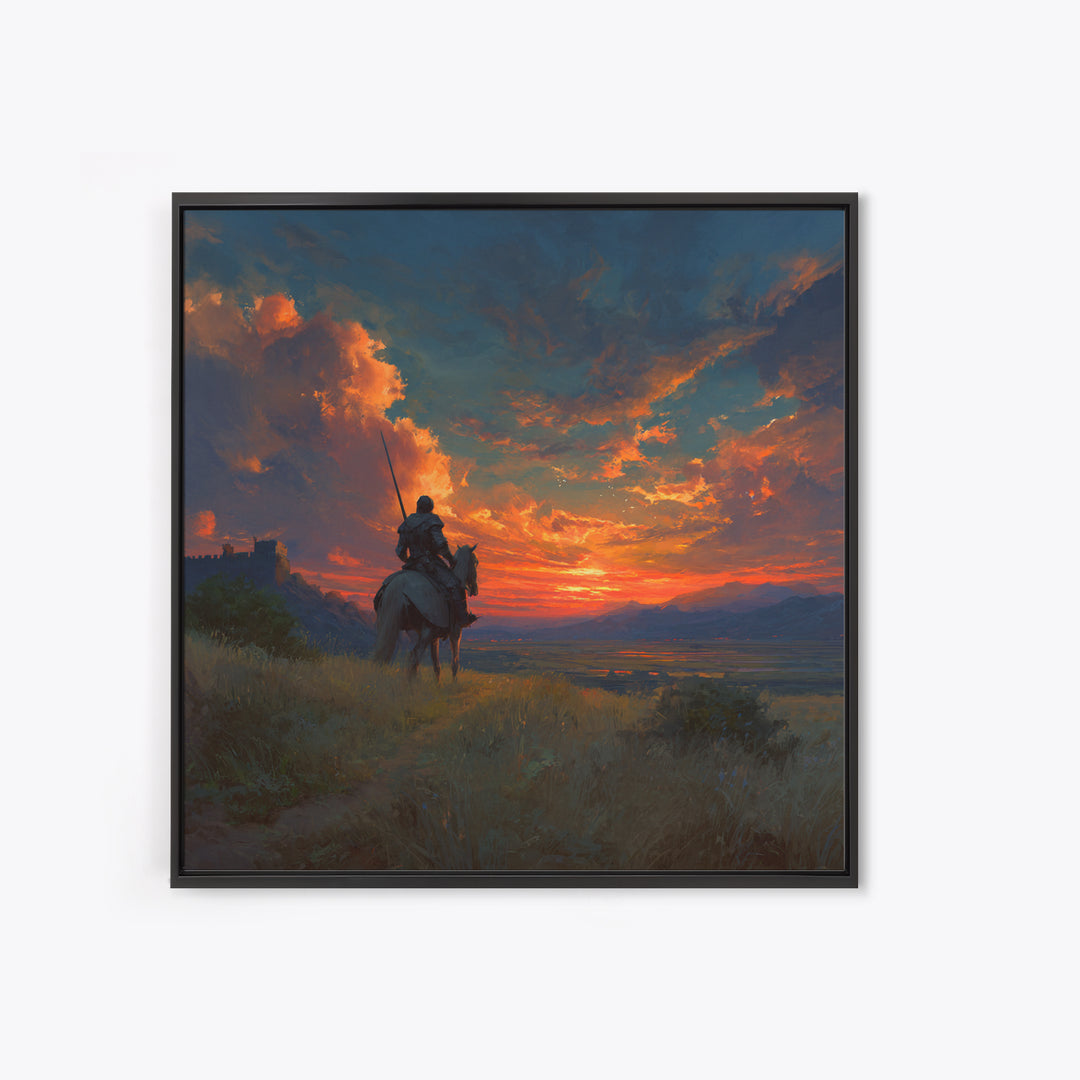 Armored Knight On Horseback At Fiery Sunset Canvas Print, Medieval Fantasy Wall Art, Dramatic Landscape Decor For Him Gift