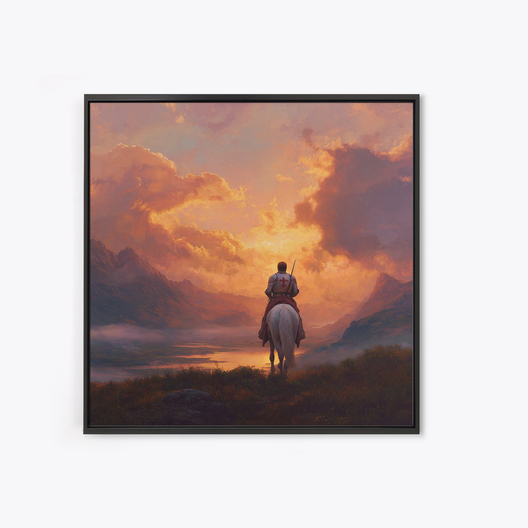 Lone Crusader Horseback Sunset Canvas Print, Epic Mountain Landscape Wall Art, Christian Artwork, Fantasy Art, Gift For Him