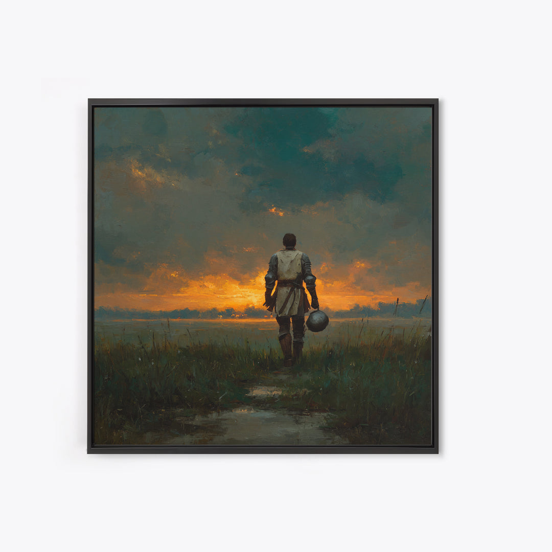 Lone Knight Walking Into Sunset Wall Art, Moody Medieval Landscape Canvas Print, Dark Academia Decor, Fantasy Gift For Him