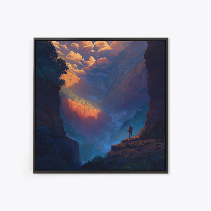 Warrior Over Misty Canyon Wall Art, Epic Fantasy Landscape Canvas Print, Mountain Wall Art, Adventure Decor, Gift For Him