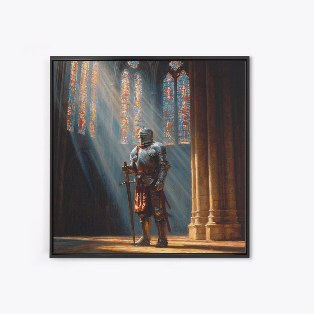Armored Knight In Cathedral Light Wall Art, Medieval Fantasy Oil Painting, Gothic Decor, Dark Academia, Living Room Decor, Gift For Him