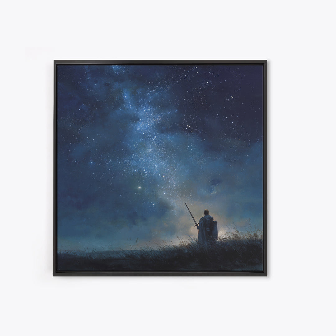 Starry Night Warrior With Sword Under Milky Way Canvas Print, Fantasy Wall Art, Celestial Decor, Mystical Bedroom Art Gift