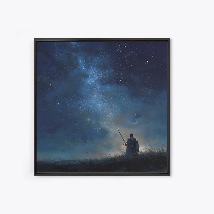 Starry Night Warrior With Sword Under Milky Way Canvas Print, Fantasy Wall Art, Celestial Decor, Mystical Bedroom Art Gift