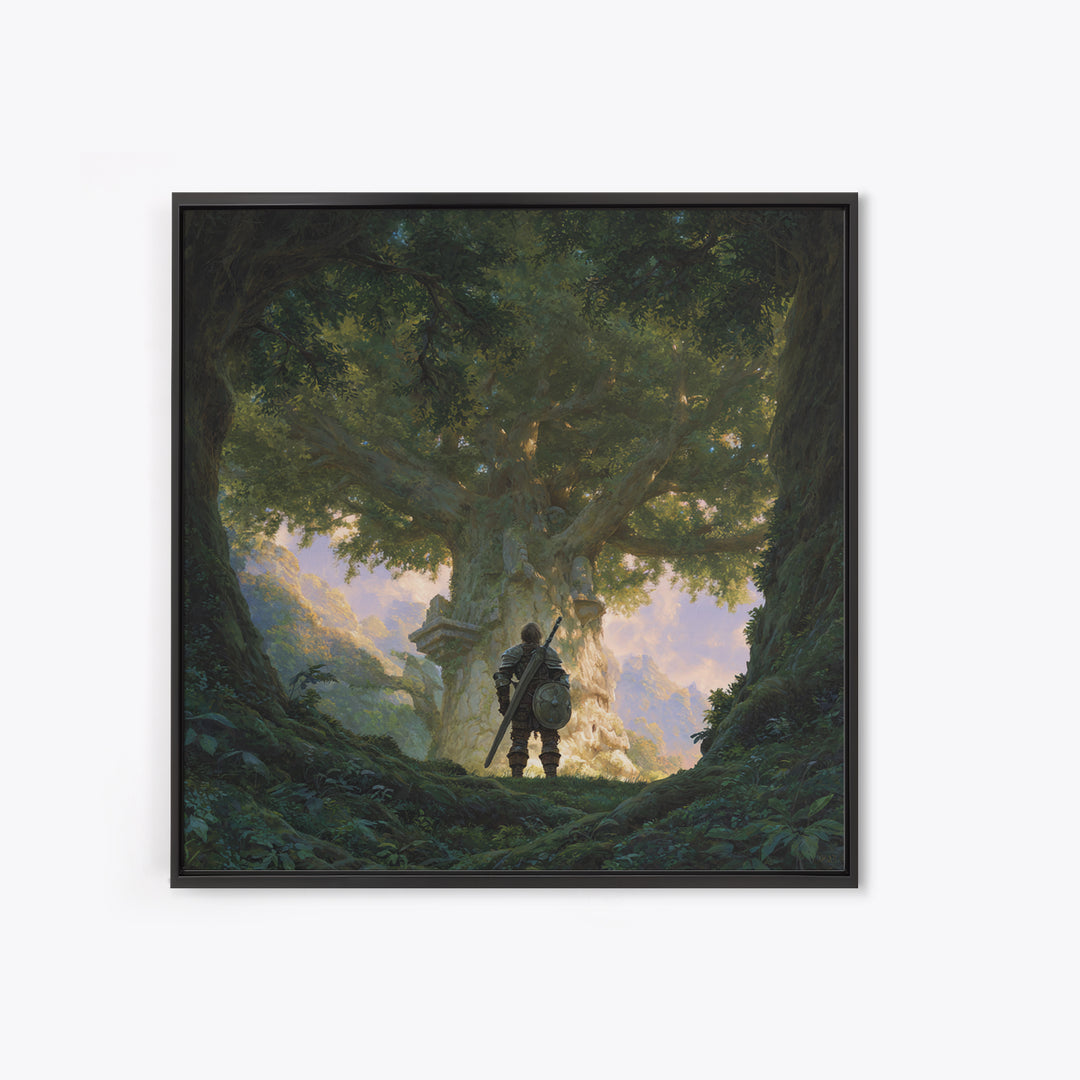 Warrior Before Ancient Tree Wall Art, Fantasy Forest Canvas Print, Enchanted Landscape Decor, Mythical Adventure Gift For Gamers