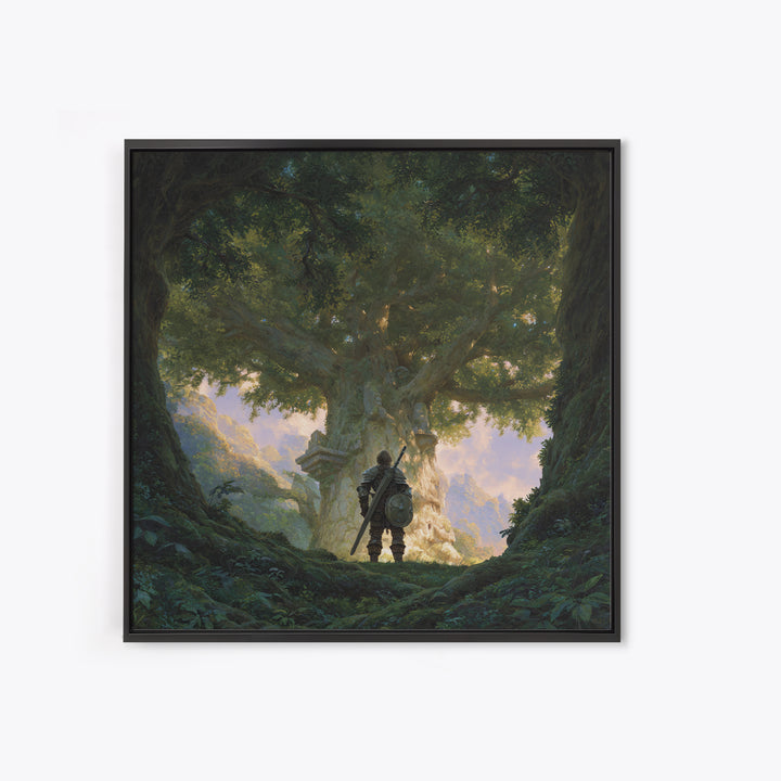 Warrior Before Ancient Tree Wall Art, Fantasy Forest Canvas Print, Enchanted Landscape Decor, Mythical Adventure Gift For Gamers