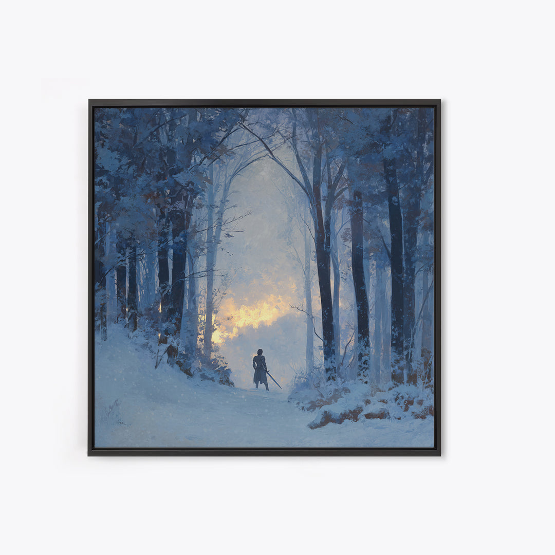 Blue Snowy Forest Wanderer Wall Art, Winter Landscape Canvas Print, Moody Nature Decor, Fantasy Adventure Gift For Him