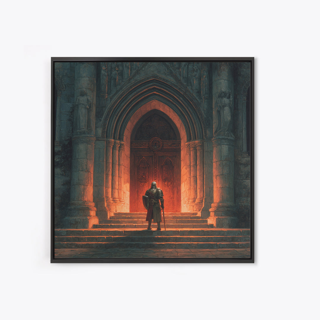 Armored Knight Before Gothic Cathedral Door Canvas Print, Medieval Wall Art, Dark Academia Decor, Gothic Fantasy Gift For Him