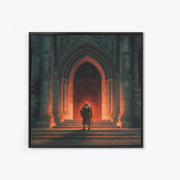 Armored Knight Before Gothic Cathedral Door Canvas Print, Medieval Wall Art, Dark Academia Decor, Gothic Fantasy Gift For Him