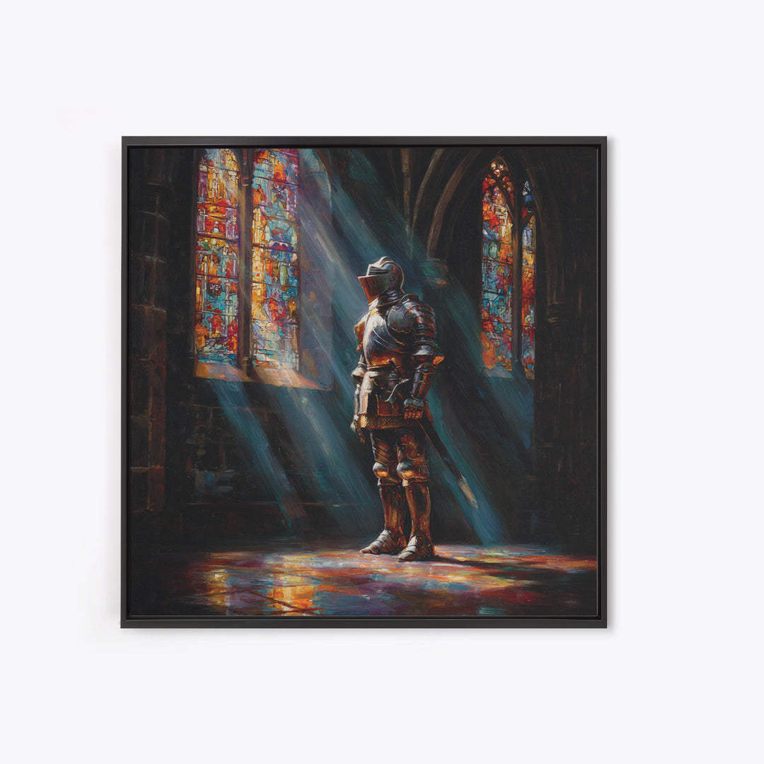 Armored Knight In Stained Glass Cathedral Wall Art, Gothic Castle Canvas Print, Medieval Decor, Dark Academia Fine Art Print