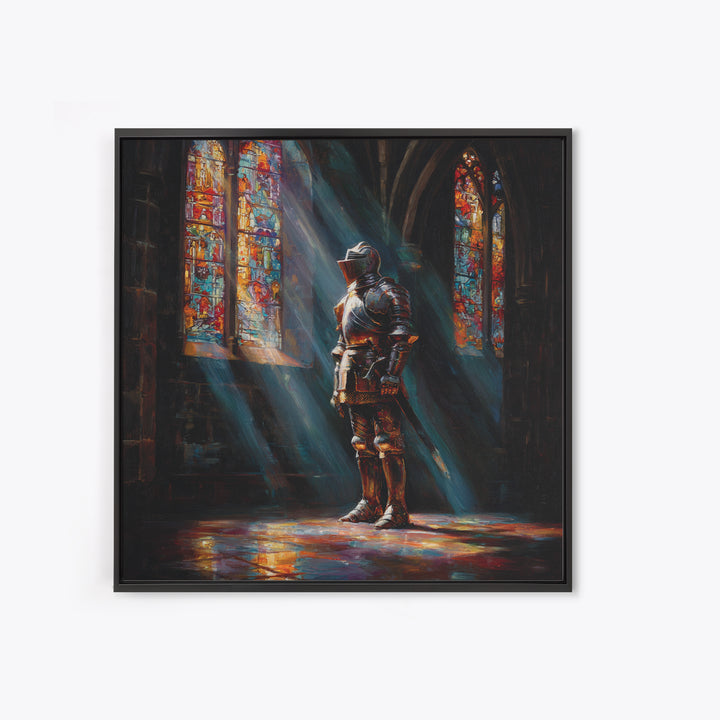 Armored Knight In Stained Glass Cathedral Wall Art, Gothic Castle Canvas Print, Medieval Decor, Dark Academia Fine Art Print