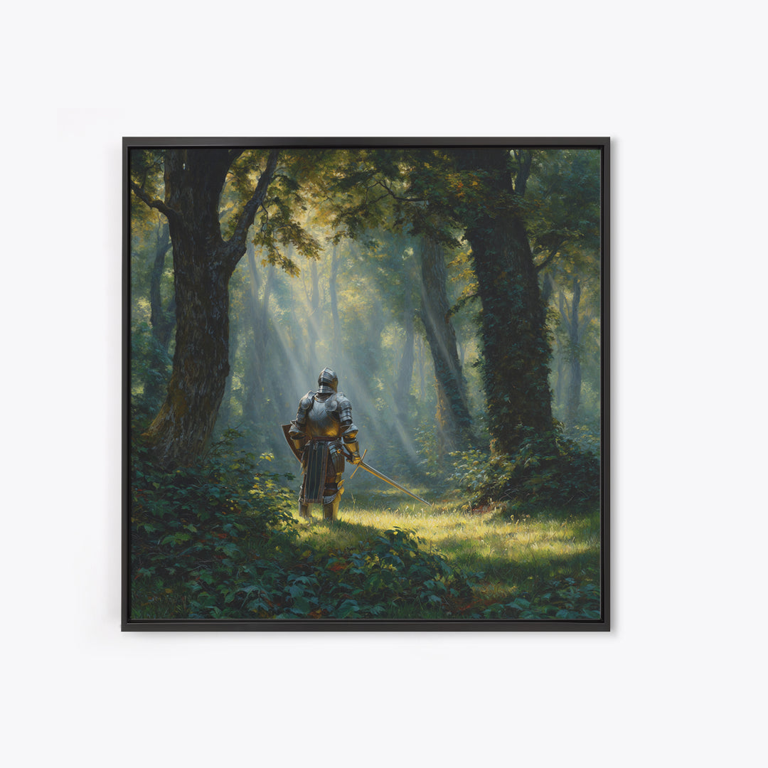 Armored Knight In Sunlit Forest Wall Art, Fantasy Canvas Print, Medieval Woodland Decor For Game Room Office And Home Decor