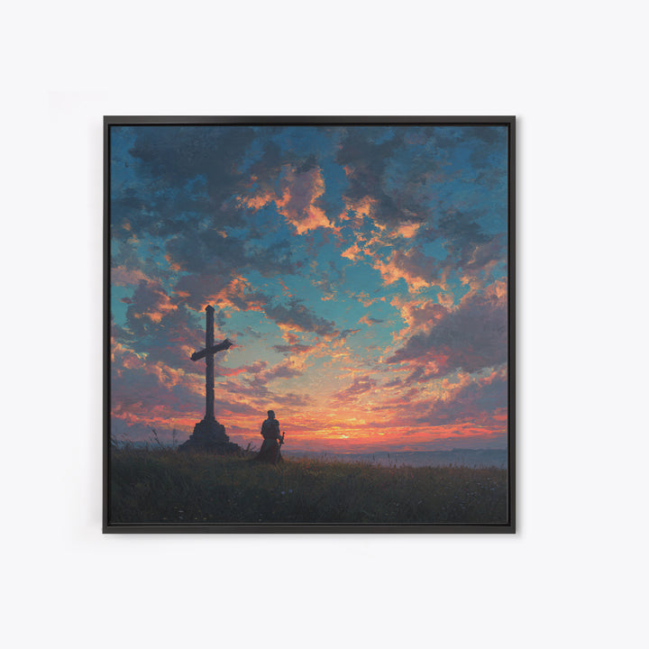 Knight Praying By Cross At Sunset Wall Art, Christian Landscape Painting, Bible Verse Decor, Inspirational Gift For Him Print