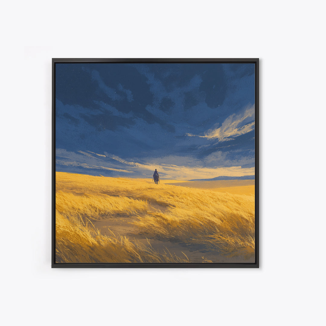 Lone Traveler In Golden Prairie Under Blue Sky Wall Art, Dreamy Landscape Canvas Print, Minimalist Nature Decor, Rustic Gift