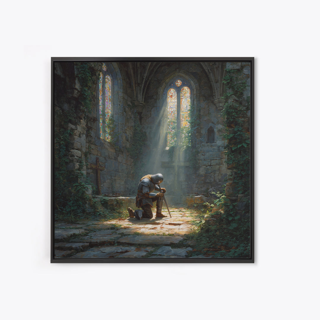 Kneeling Knight In Ruined Chapel Wall Art, Medieval Fantasy Canvas Print, Gothic Decor, Christian Artwork, Fine Art Print