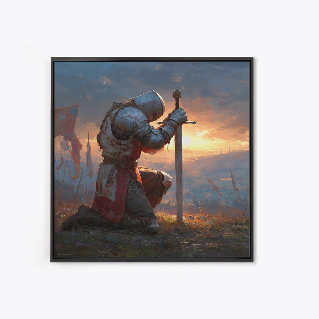 Kneeling Medieval Knight Wall Art, Fantasy Canvas Print, Warrior Sword Painting, Gothic Decor, Dark Academia Gift For Him