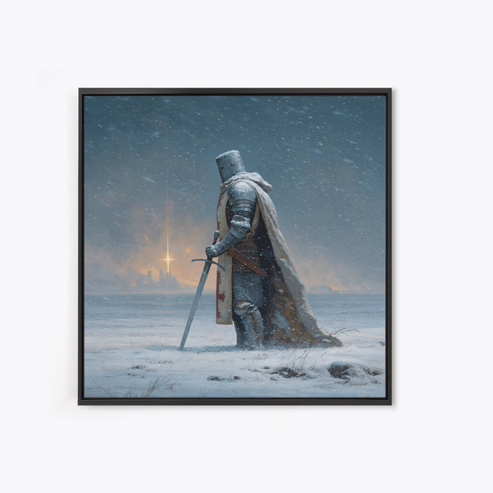 Snowy Medieval Knight Canvas Print, Fantasy Wall Art, Winter Warrior Sword Painting, Gothic Decor, Dark Academia Gift For Him