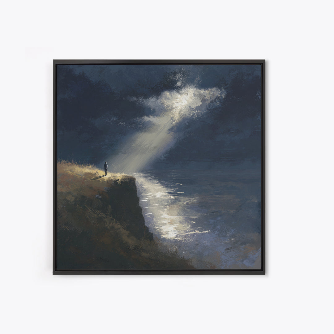 Lone Figure On Moonlit Cliff Wall Art, Moody Seascape, Dramatic Ocean Landscape, Dark Academia, Coastal Canvas Print, Fine Art Print