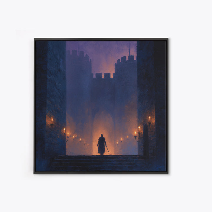 Cloaked Warrior At Castle Gate Wall Art, Dark Fantasy Canvas Print, Medieval Gothic Decor, Moody Game Room Art Gift For Him