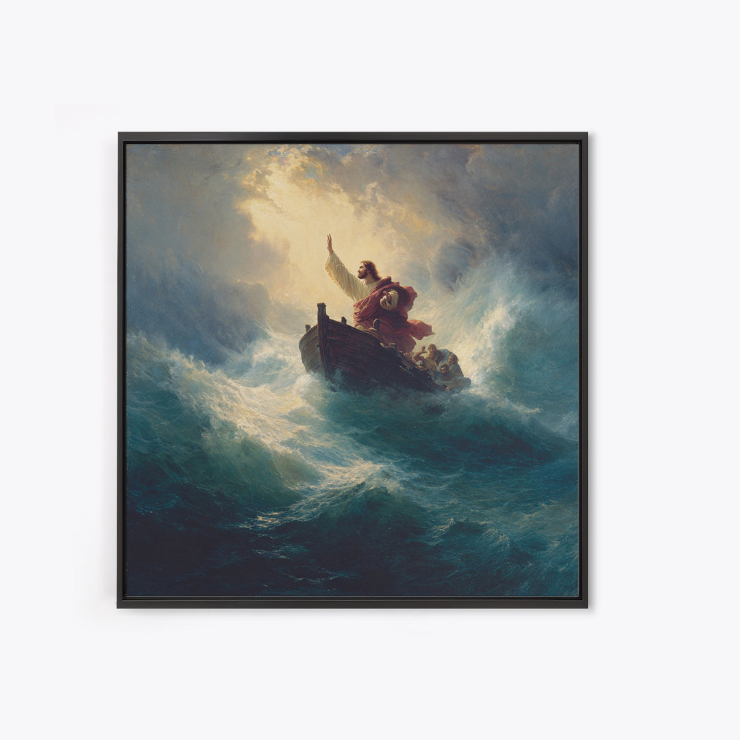 Jesus Calming The Storm At Sea Canvas Print, Biblical Ocean Painting, Christian Wall Art, Faith Gift For Prayer Room Decor