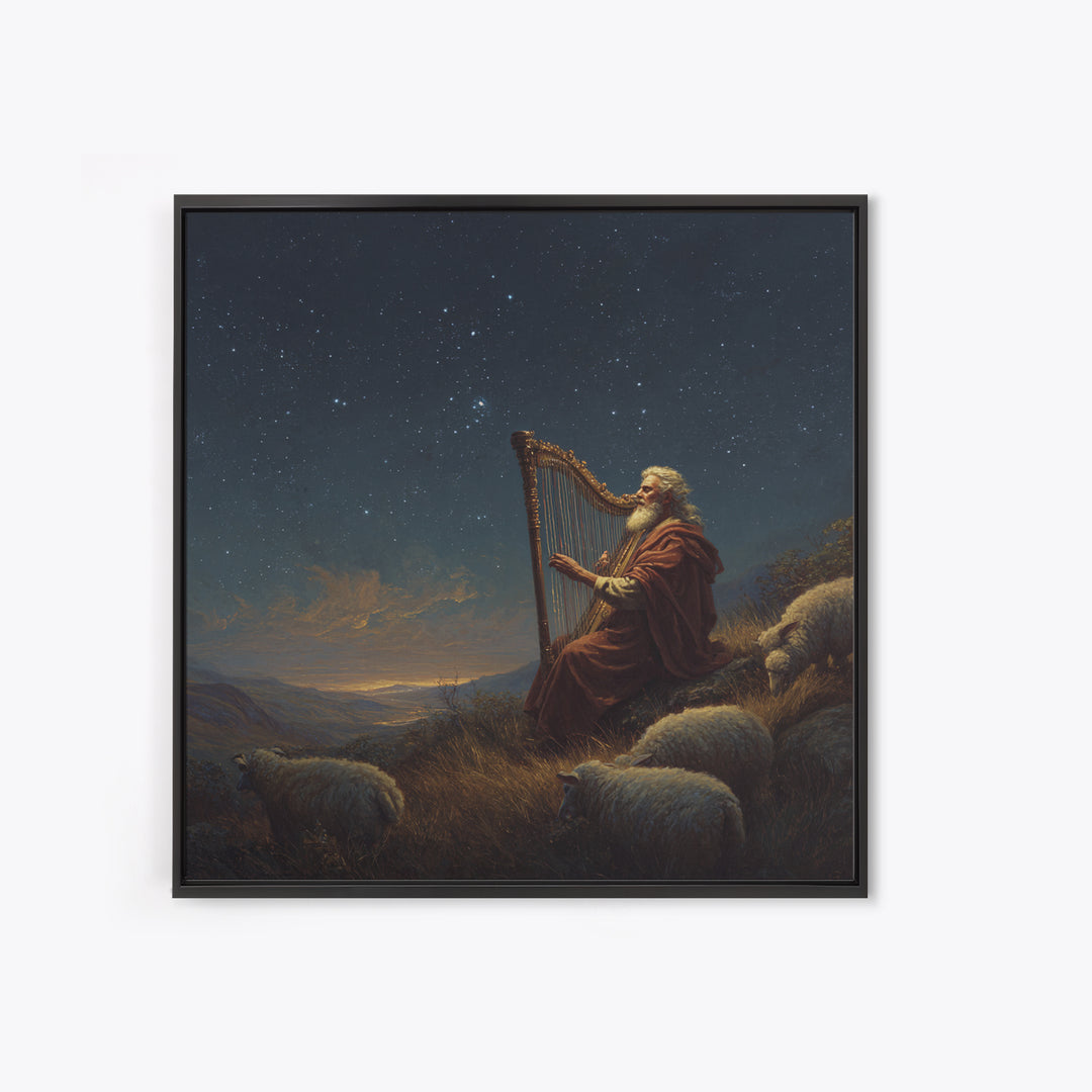 Biblical Shepherd Playing Harp Under Stars Canvas Print, David Psalm Wall Art, Celestial Christian Decor, Peaceful Gift For Her