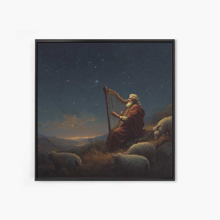 Biblical Shepherd Playing Harp Under Stars Canvas Print, David Psalm Wall Art, Celestial Christian Decor, Peaceful Gift For Her