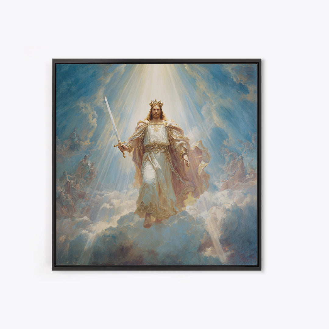 Radiant Jesus Warrior In Clouds Wall Art, Christian Framed Canvas Print, Biblical Religious Home Decor Gift For Prayer Room