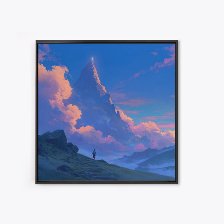 Glowing Fantasy Mountain Canvas Print, Epic Landscape Wall Art, Blue Sky Adventure Decor, Dreamy Nature Art, Gift For Him