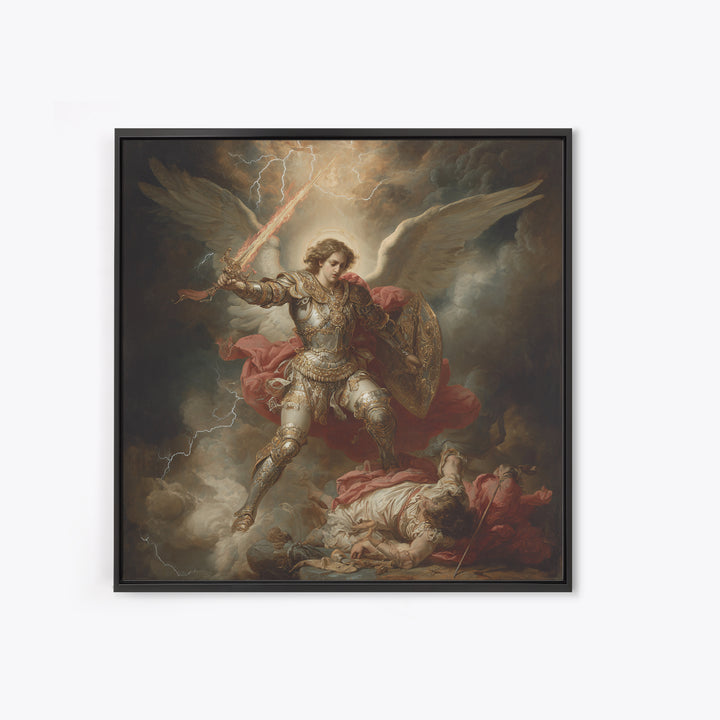 Archangel Michael Defeating Demon Framed Canvas Print, Baroque Religious Wall Art, Catholic Gift, Dramatic Fine Art Print