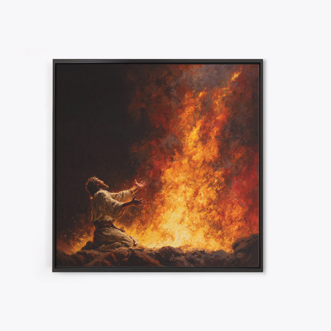 Kneeling Prophet Before Blazing Fire Wall Art, Biblical Painting, Spiritual Canvas Wall Art, Dramatic Christian Home Decor