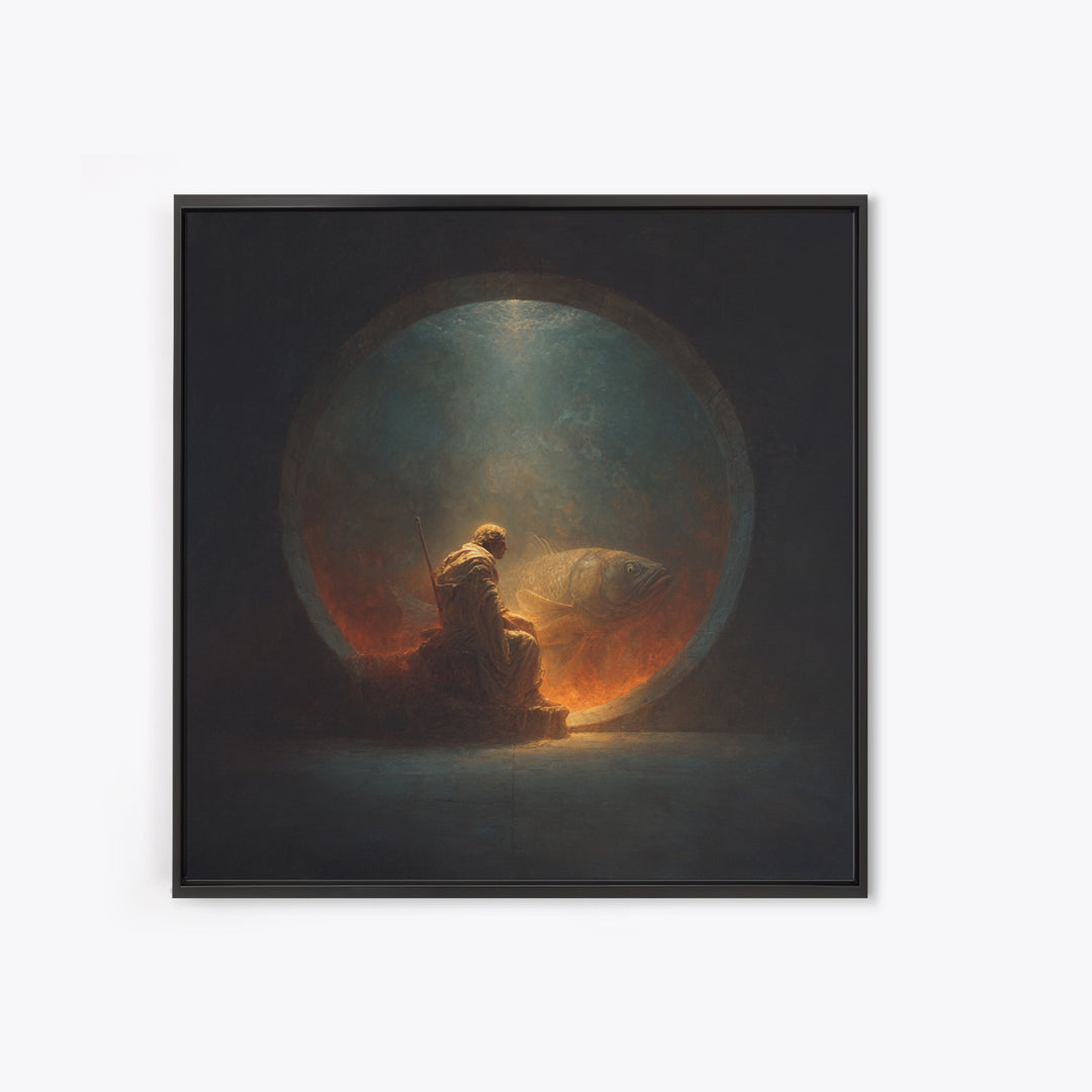 Surreal Fisherman And Giant Fish Canvas Print, Dark Fantasy Art, Moody Wall Decor, Unique Statement Artwork, Fine Art Print