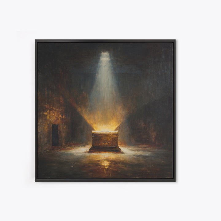 Glowing Ark In Ancient Chamber Framed Canvas Print, Dark Academia Wall Art, Biblical Oil Painting, Spiritual Home Decor Print