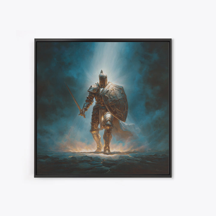 Heroic Silver Knight With Sword And Shield Wall Art, Fantasy Warrior Framed Canvas Print, Gothic Decor, Dramatic Office Art